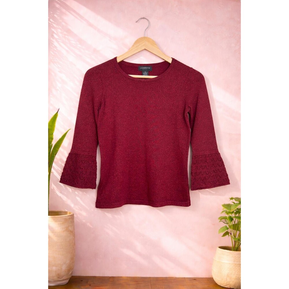 Vintage Y2K LIZ CLAIBORNE Burgundy Metallic Knit Bell Sleeve Shimmer Sweater XS